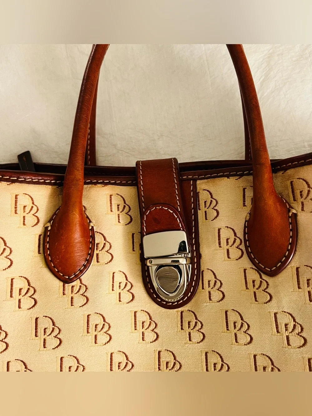 Dooney & Bourke Monogram Satchel Top Handle Turn Lock Zip Red Lining Refurbished
